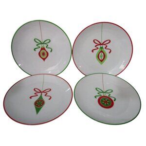 Crate & Barrel Christmas Ornament Luncheon Dessert Salad Plates Four EUC